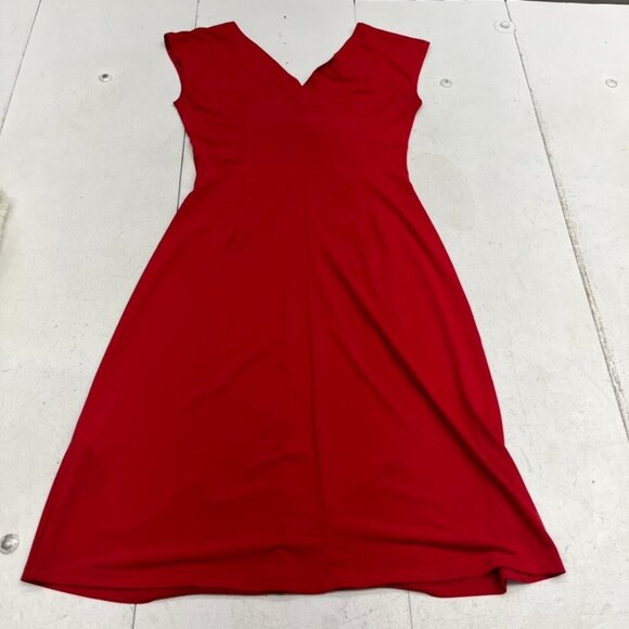 London Times Red V-Neck Sleeveless Ruched A-Line Dress - Picture 2 of 4